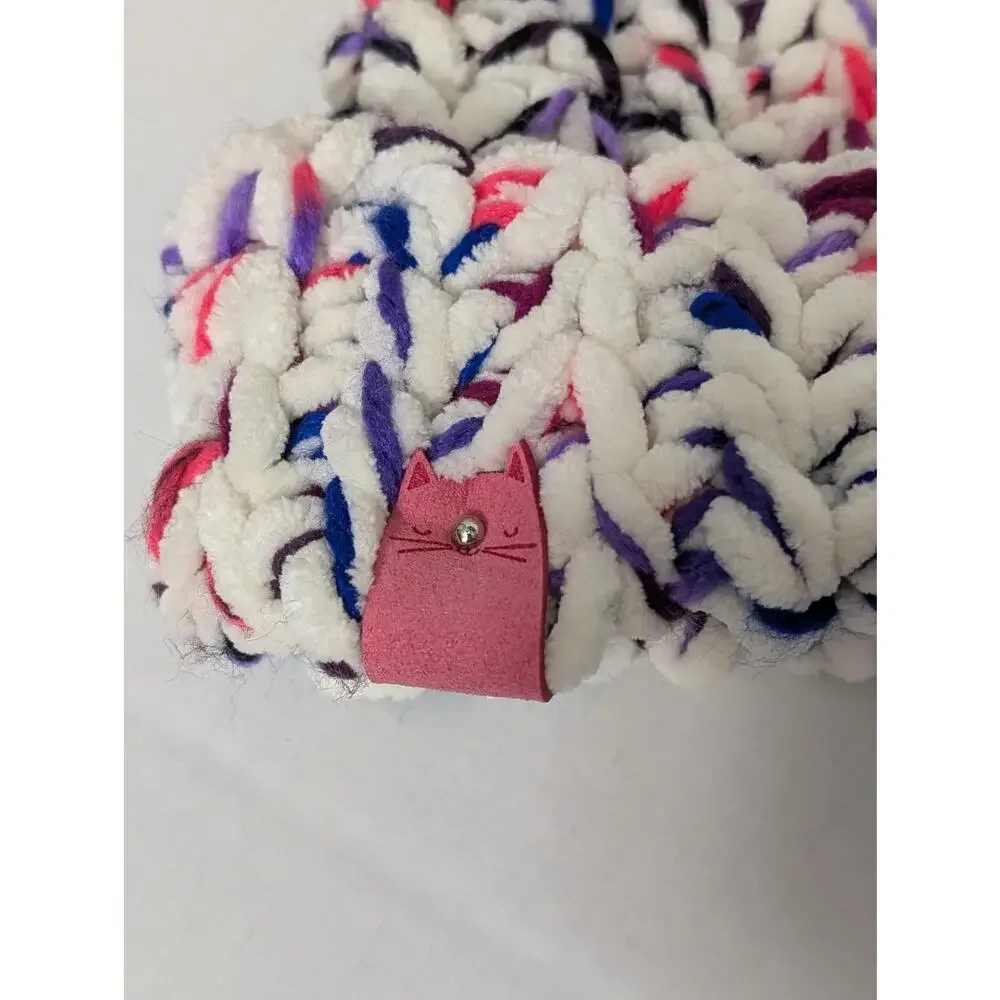 Handmade Chunky Crochet Cat Ear Beanie Hat White Pink Purple Kitty